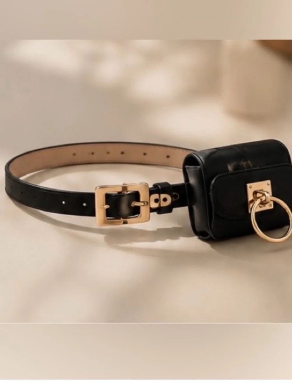 Black Vegan Leather Belt Bag with Gold Ring Hardware